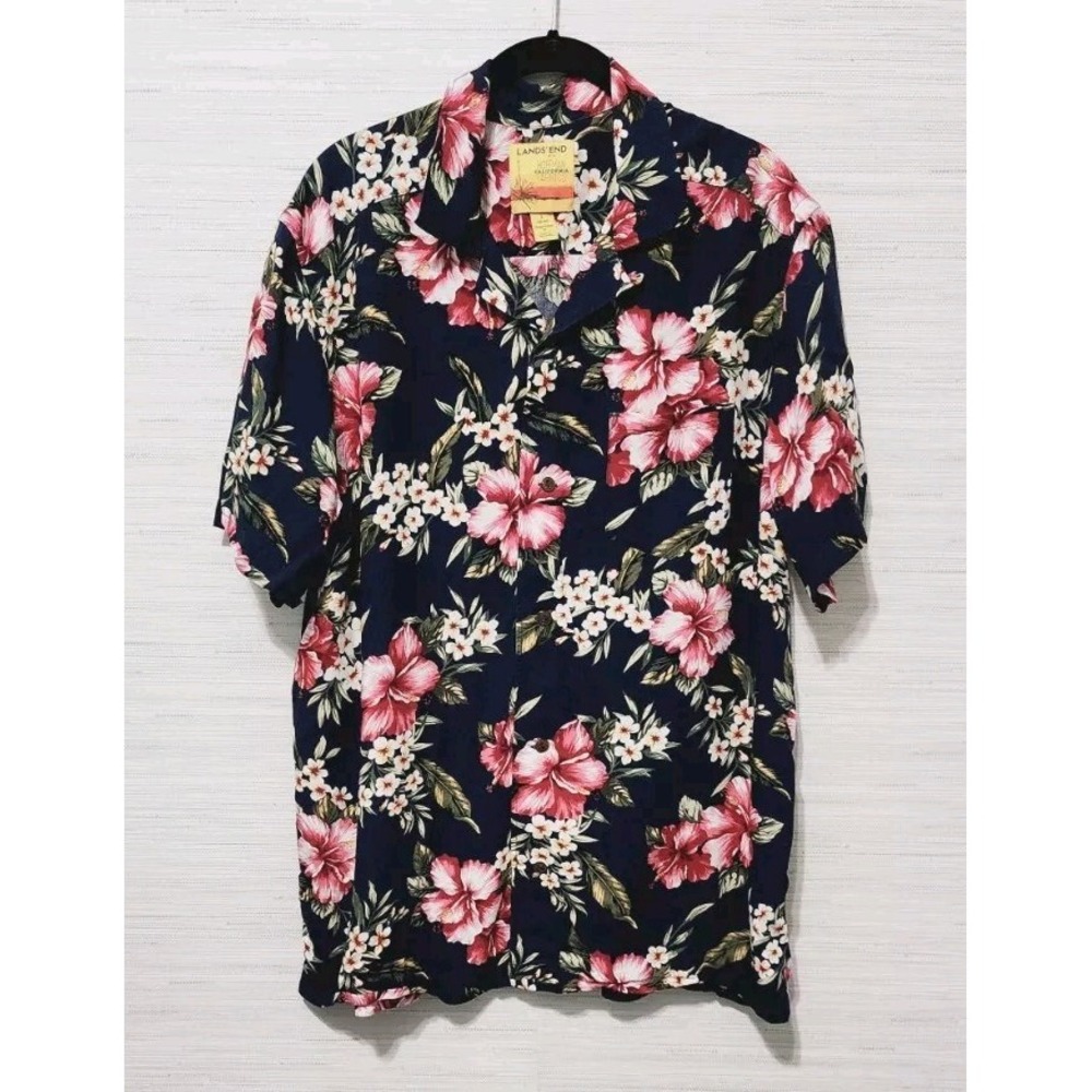 Lands' End w Hoffman Fabrics California Hawaiian Shirt Sz L Blue Floral Vacation